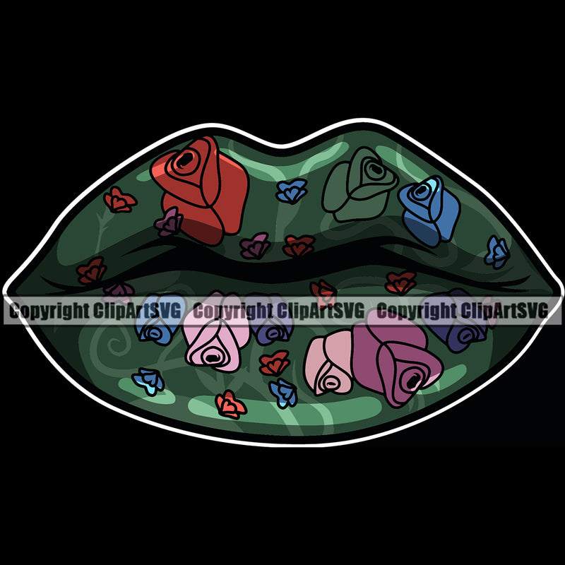 Lips Flower Floral Rose Garden Gardening Green Color Design Element Mascot Creation Create Art Artwork Creator Business Company Logo Face Sexy Mouth Position Head Cartoon Character Clipart SVG