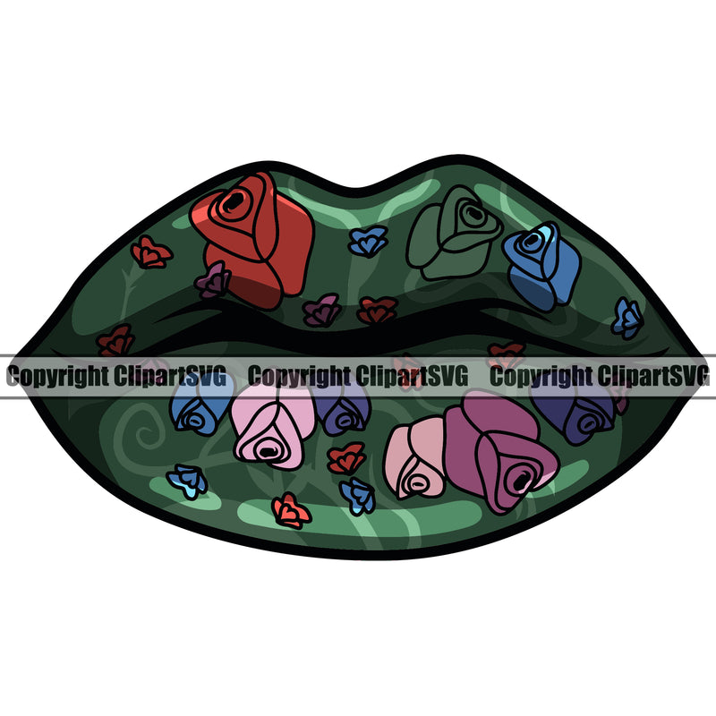 Lips Flower Floral Rose Garden Gardening Green Color Design Element Face White Teeth Sexy Mouth Position Head Woman Female Girl Lady Character Mascot Creation Create Art Artwork Creator Business Company Logo Clipart SVG