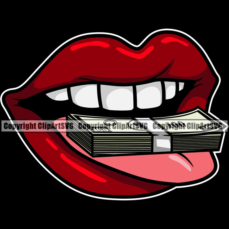 Lips $100 Dollar Bill Cash Money Black Background Design Element White Teeth Face Sexy Mouth Position Head Cartoon Character Mascot Creation Create Art Artwork Creator Business Company Logo Clipart SVG