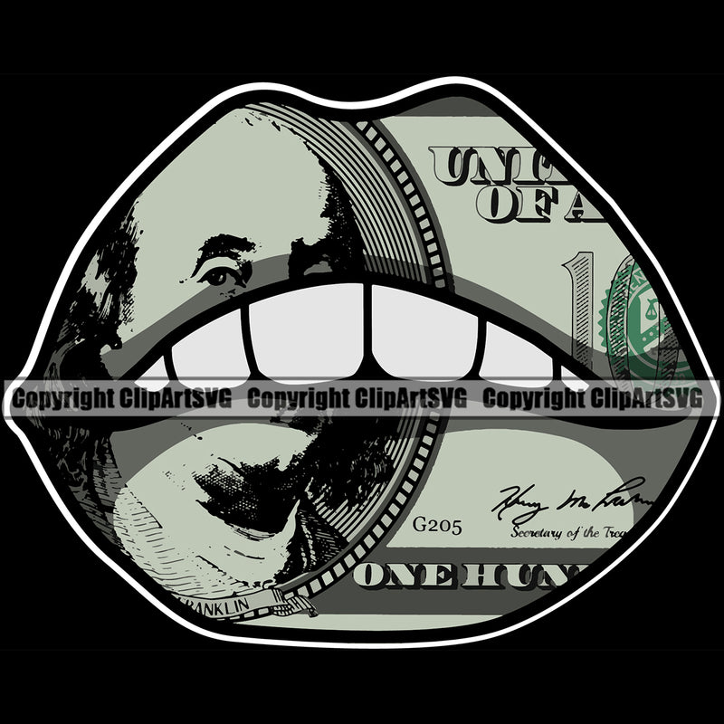 Lips $100 Dollar Bill Cash Money Color Dollar Sign Design Element Face Sexy Mouth Position Woman Female Girl Lady Cartoon Character Mascot Creation Create Art Artwork Creator Business Company Logo Clipart SVG