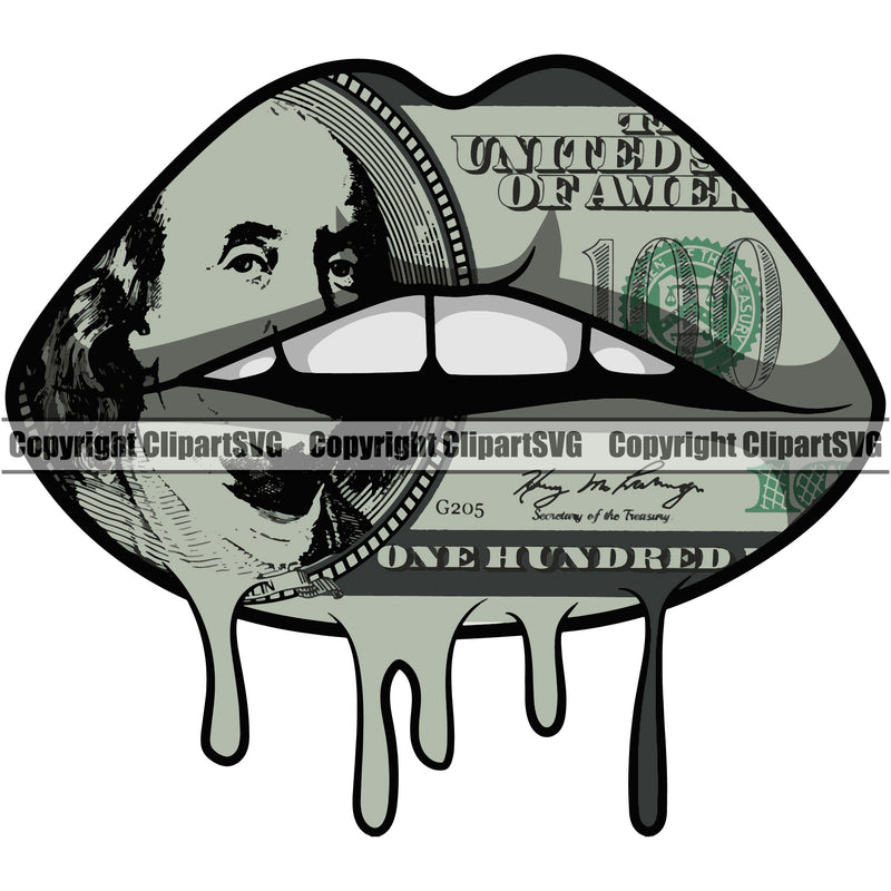 Lips $100 Dollar Bill Cash Money Dripping White Color Teeth Design Element Face Sexy Mouth Position Head Woman Female Girl Lady Character Mascot Creation Create Art Artwork Creator Business Company Logo Clipart SVG
