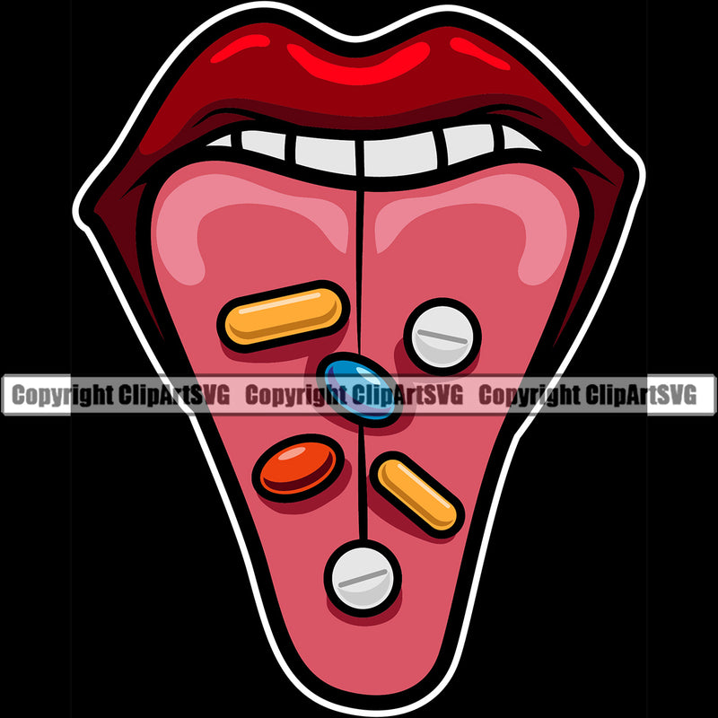 Lips Drug Pill Capsule Pharmaceutical Medical Medicine Black Background Design Element Face Sexy Mouth Position Head Woman Female Girl Lady Character Mascot Creation Create Art Artwork Creator Business Company Logo Clipart SVG