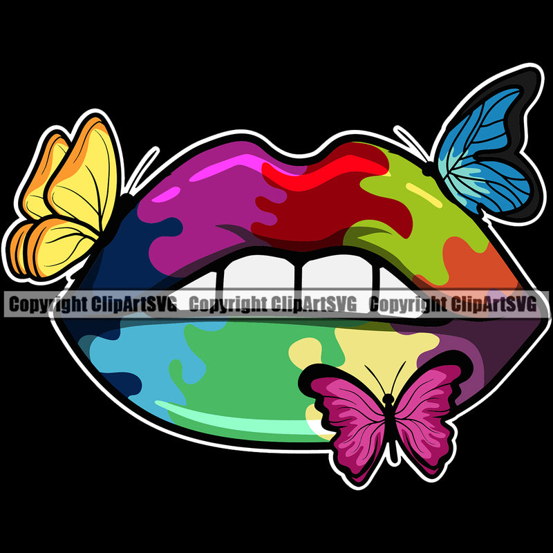 Lips Rainbow Color Butterfly Butterflies Design Element Face Woman Female Girl Lady Sexy Mouth Position Head Cartoon Character Mascot Creation Create Art Artwork Creator Business Company Logo Clipart SVG