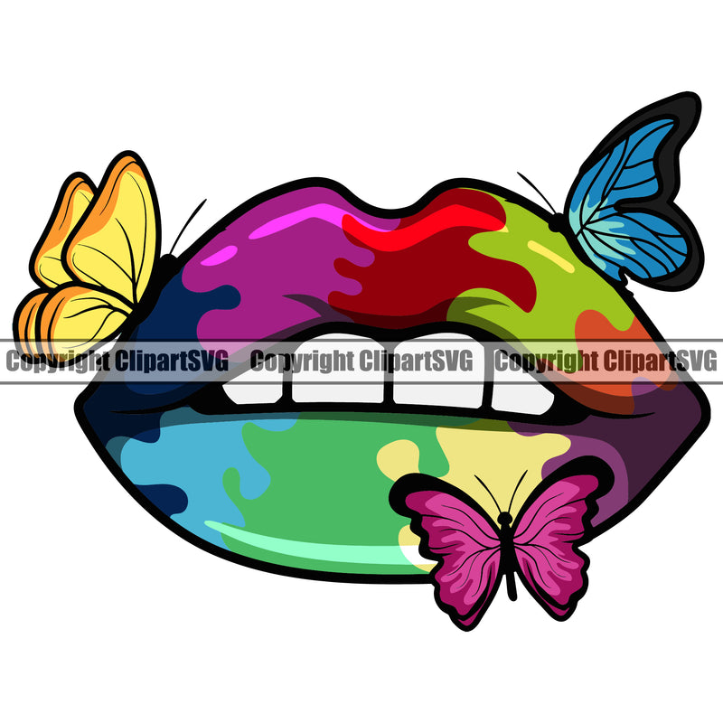 Lips Rainbow Color Butterfly Butterflies Design Element White Teeth Woman Female Girl Lady Face Sexy Mouth Position Head Cartoon Character Mascot Creation Create Art Artwork Creator Business Company Logo Clipart SVG