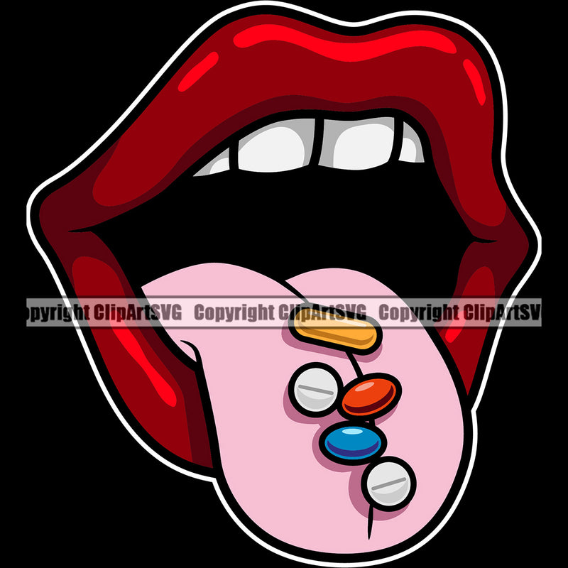 Lips Drug Pill Capsule Pharmaceutical Medical Medicine Colorful Black Background Design Element Face Sexy Mouth Position Head Cartoon Character  Girl Lady Create Art Mascot Creation Woman Female Creator Business Logo Clipart SVG