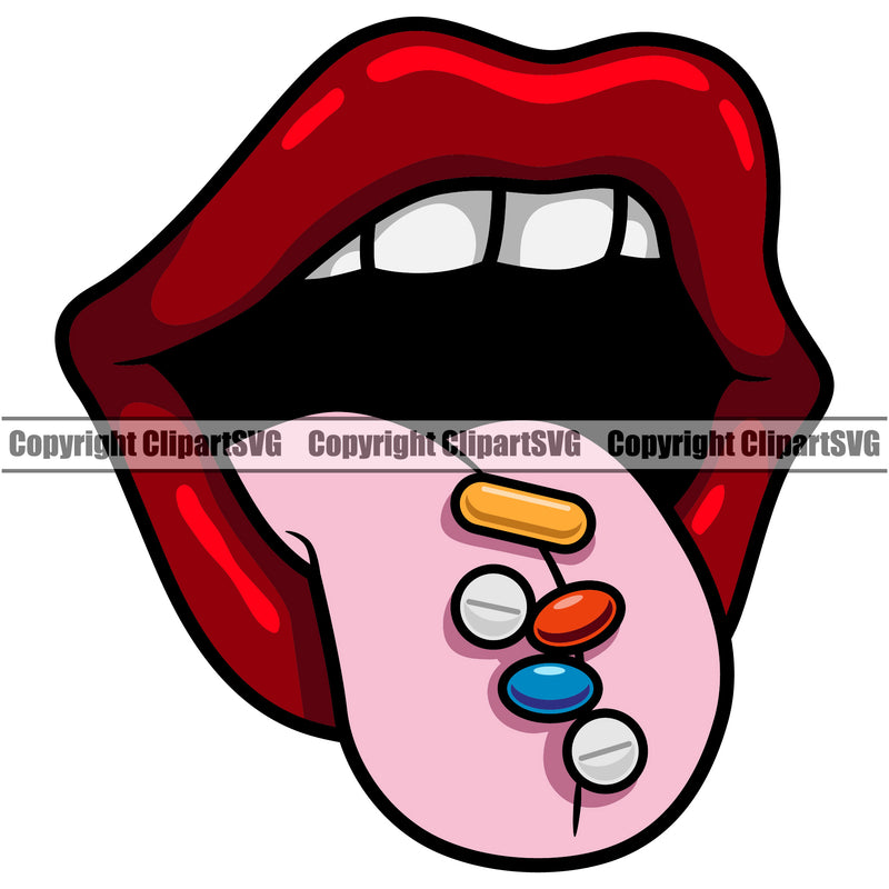 Lips Drug Pill Capsule Pharmaceutical Medical Medicine Red Color Design Element Face Mouth Position Head Cartoon Character Mascot Create Woman Female Girl Lady Artwork Business Company Logo Clipart SVG