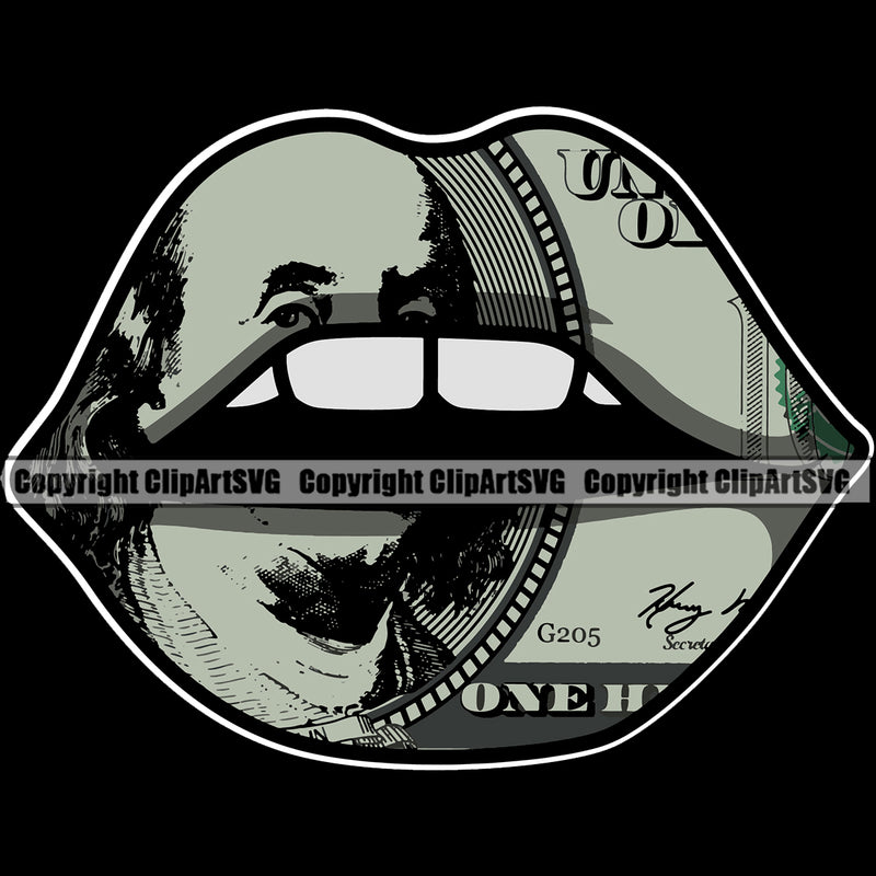 Lips $100 Dollar Bill Cash Money Black Background Design Element Face Woman Female Girl Lady Mouth Position Head Cartoon Character Mascot Creation Create Art Artwork Creator Business Company Logo Clipart SVG