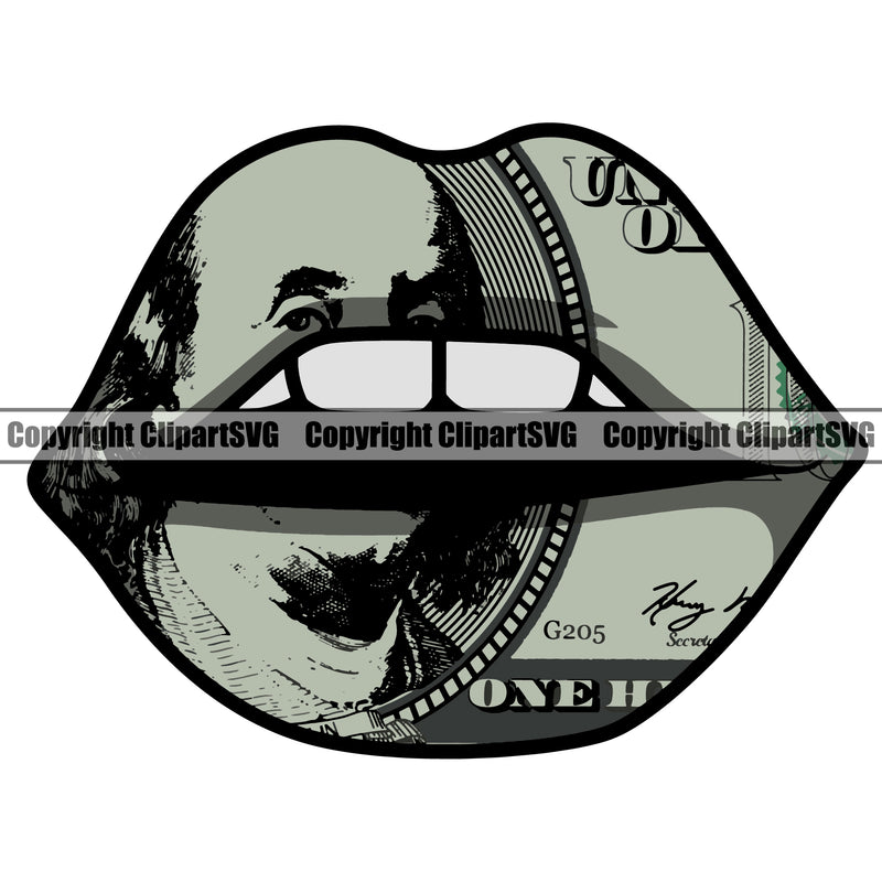 Lips Lips $100 Dollar Bill Cash Money White Teeth Design Element Face Sexy Mouth Position Head Cartoon Woman Female Girl Lady Mascot Creation Create Art Artwork Creator Business Company Logo Clipart SVG