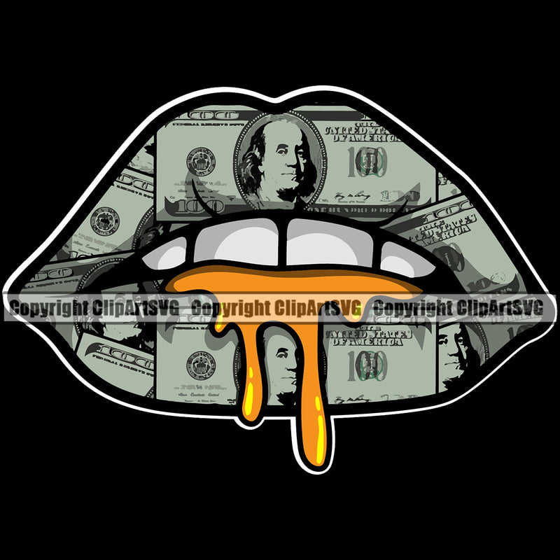 Lips $100 Bill Cash Money Black Background Dripping Design Element Face Sexy Mouth Position Woman Female Girl Lady Cartoon Character Mascot Creation Create Art Artwork Creator Business Company Logo Clipart SVG