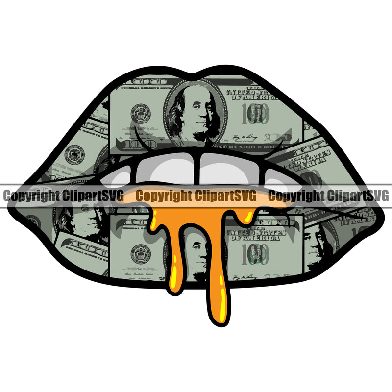 Lips $100 Bill Cash Money Dripping Design Element Face White Teeth Sexy Mouth Position Head Woman Female Girl Lady Character Mascot Creation Create Art Artwork Creator Business Company Logo Clipart SVG