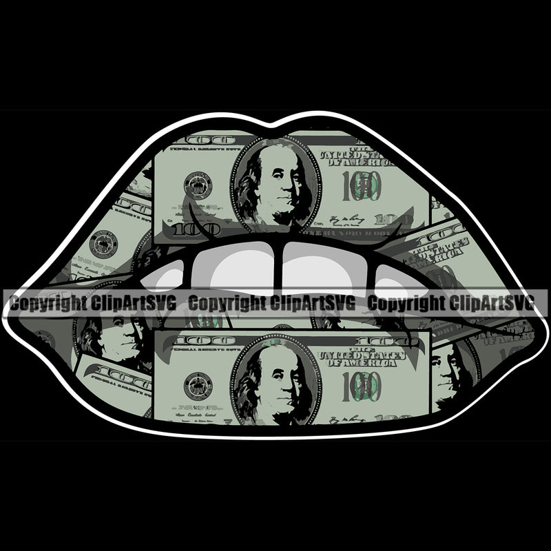 Lips $100 Bill Cash Money White Teeth Design Element Black Back Ground Face Sexy Mouth Woman Female Girl Lady Head Cartoon Character Mascot Creation Create Art Artwork Creator Business Company Logo Clipart SVG