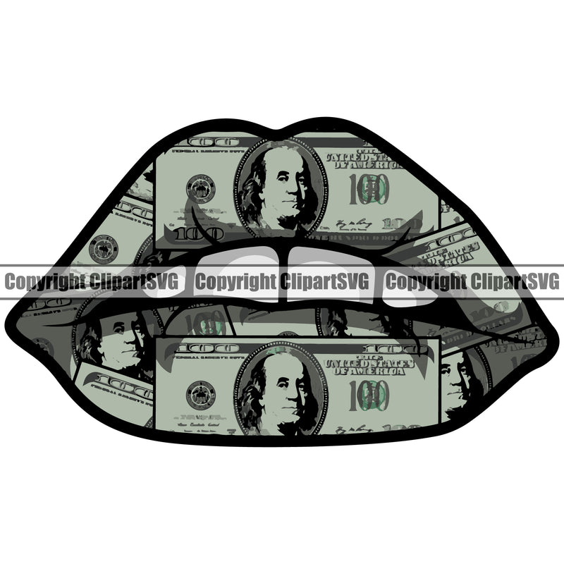 Lips $100 Bill Cash Money Design Element White Teeth Face Sexy Mouth Position Head Cartoon Character Mascot Creation Create Art Artwork Creator Business Company Logo Woman Female Girl Lady Clipart SVG