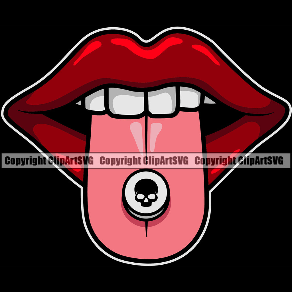 Lips Drug Pill Skull Skeleton Capsule On Tongue Ring Design Element Face Sexy Mouth Position Woman Female Girl Lady Cartoon Character Mascot Creation Create Art Artwork Creator Business Company Logo Clipart SVG