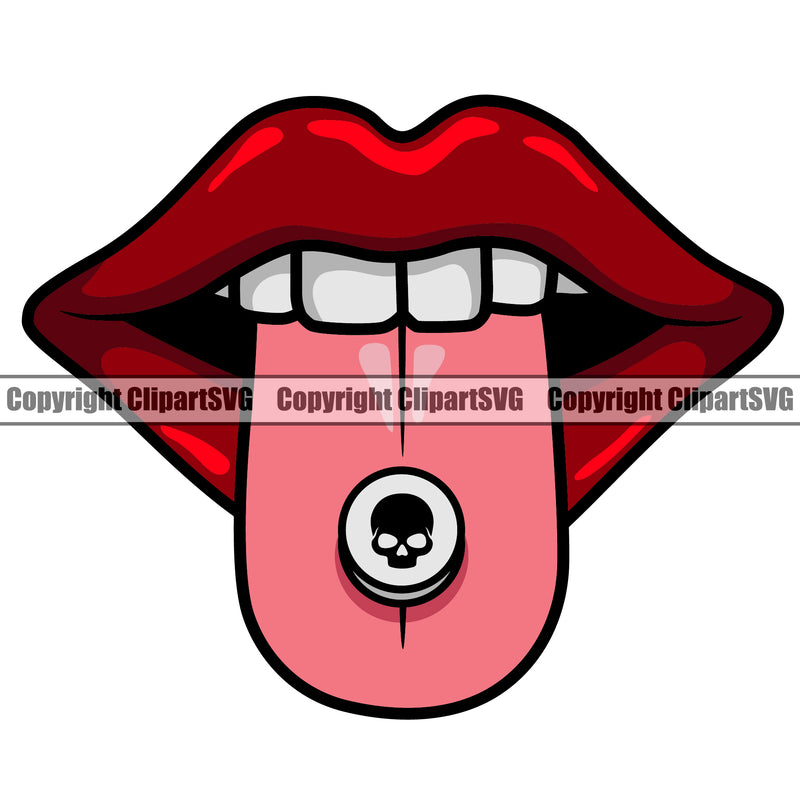 Lips Drug Pill Skull Skeleton Capsule On Tongue Ring Design Element Face Sexy Mouth Woman Female Girl Lady Head Cartoon Character Mascot Creation Create Art Artwork Creator Business Company Logo Clipart SVG