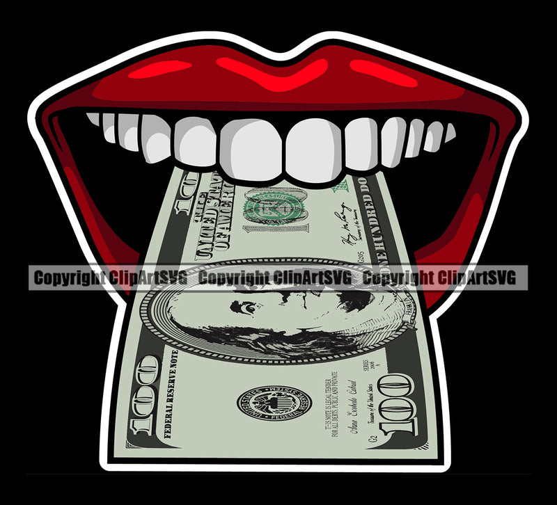 Lips Lips $100 Dollar Bill Cash Money Tongue Sticking Out Mouth Black Design Element Face Sexy Woman Female Girl Lady Position Head Cartoon Character Mascot Creation Create Artwork Creator Business Logo Clipart SVG