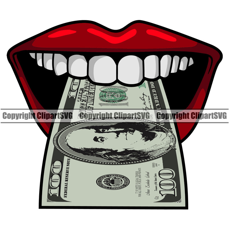 Lips Lips $100 Dollar Bill Cash Money Tongue Sticking Out Dollar Under Mouth White Teeth Design Element Face Sexy Woman Female Creator Business Company Girl Lady Position Head Cartoon Character Mascot Creation Create Art Artwork  Logo Clipart SVG