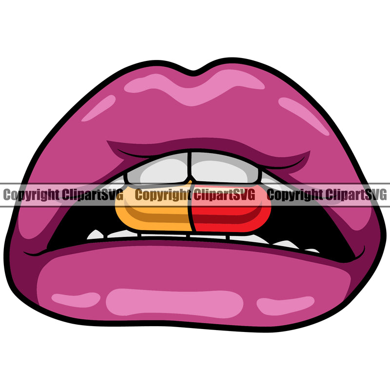 Lips Teeth Bite Biting Drug Pill Capsule Design Element Face Sexy White Teeth Woman Female Girl Lady Mouth Position Head Cartoon Character Mascot Creation Create Art Artwork Creator Business Company Logo Clipart SVG