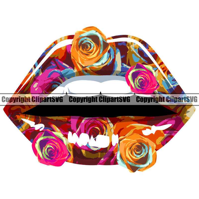 Lips Multicolor Rose Design Element Face Sexy Mouth Position Woman Female Girl Lady Cartoon Character Mascot Creation Create Art Artwork Creator Business Company Logo Clipart SVG
