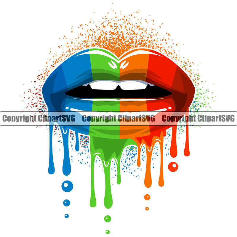 Lips Rainbow Gay lesbian LBGT Flag Color Dripping White Teeth Design Element Face Sexy Mouth Position Woman Female Girl Lady Cartoon Character Mascot Create Artwork Business Company Logo Clipart SVG