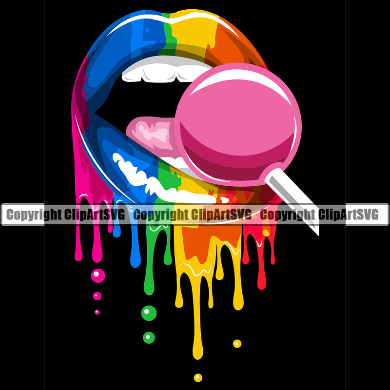 Lips Rainbow Lollipop Dripping Black Color Design Element Face Sexy Mouth Position Woman Female Girl Lady Cartoon Character Mascot Creation Create Art Artwork Creator Business Company Logo Clipart SVG