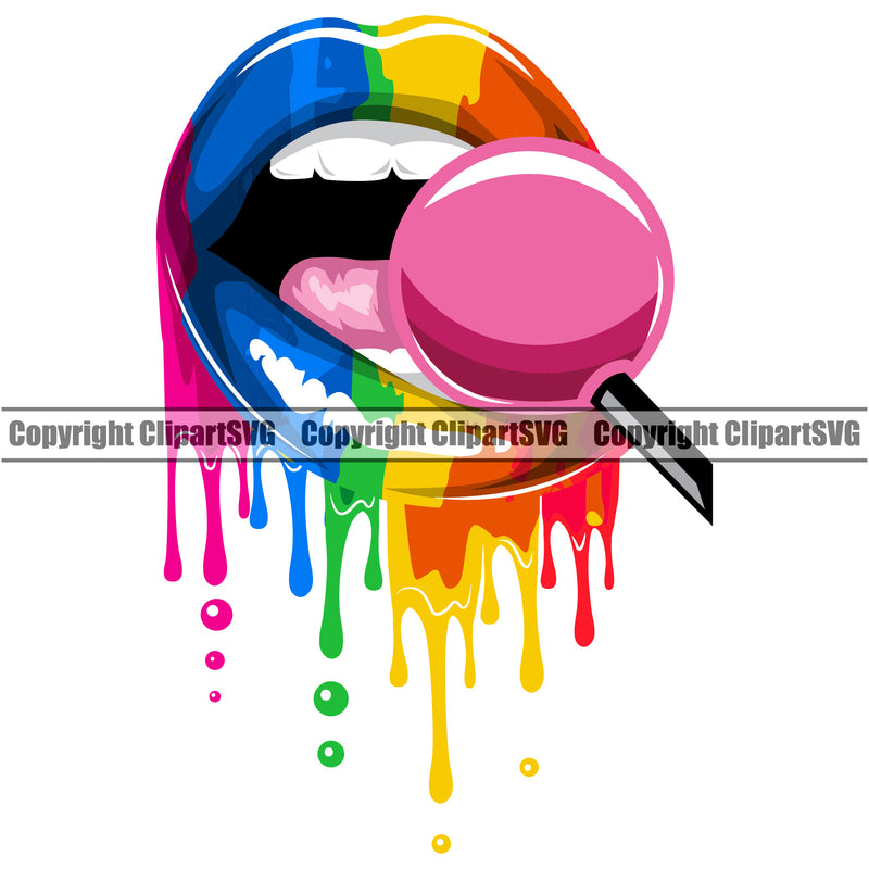 Lips Rainbow Gay lesbian LBGT Flag Color Pink Lollipop Dripping Design Element Face Woman Female Girl Lady Mouth Position Head Cartoon Character Mascot Creation Create Art Artwork Creator Business Company Logo Clipart SVG