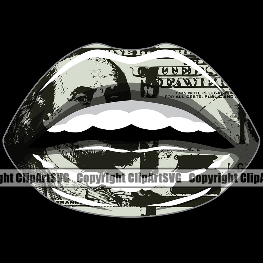Lips $100 Dollar Bill Cash Money Color Black Design Element Face Sexy Mouth Position Head Cartoon Woman Female Girl Lady Mascot Creation Create Art Creator Business Logo Clipart SVG