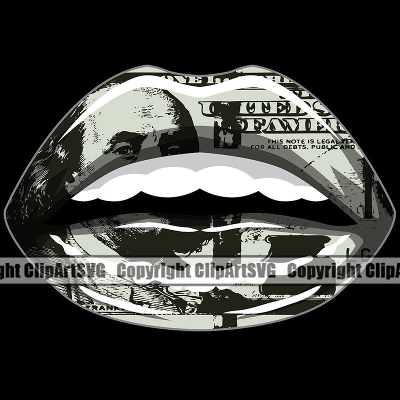 Lips $100 Dollar Bill Cash Money Color Black Design Element Face Sexy Mouth Position Head Cartoon Woman Female Girl Lady Mascot Creation Create Art Creator Business Logo Clipart SVG