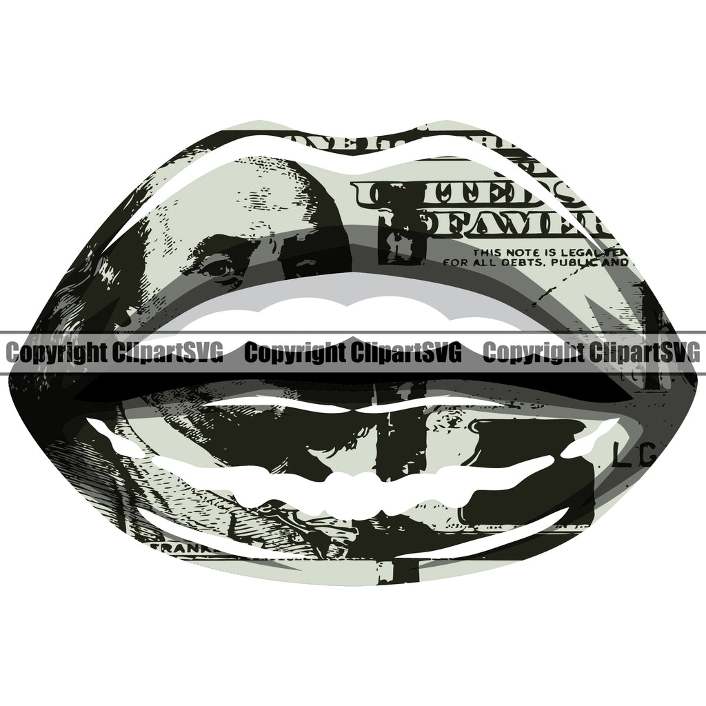 Lips $100 Dollar Bill Cash Money White Color Design Element Face Sexy Mouth Position Woman Female Girl Lady Cartoon Character Mascot Creation Create Art Artwork Creator Business Logo Clipart SVG