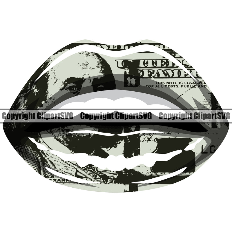 Lips $100 Dollar Bill Cash Money White Color Design Element Face Sexy Mouth Position Woman Female Girl Lady Cartoon Character Mascot Creation Create Art Artwork Creator Business Logo Clipart SVG