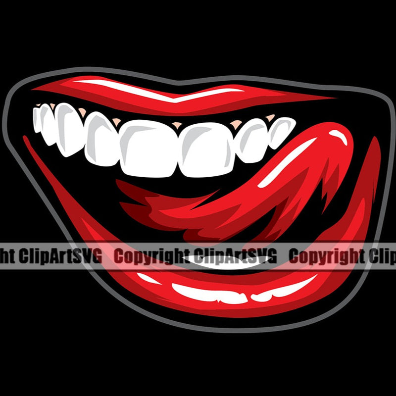 Lips Sexual Tongue Lick Licking Lip Stick Out White Teeth Smile Face Design Element Black Color Sexy Mouth Woman Female Girl Lady Position Head Cartoon Character Mascot Creation Create Art Artwork Creator Business Company Logo Clipart SVG