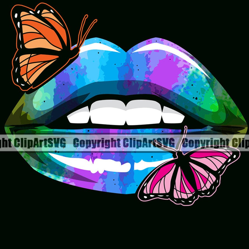 Lips Rainbow Color Butterfly Black Background Design Element Face Sexy Woman Female Girl Lady Position Head Cartoon Character Mascot Creation Create Art Artwork Creator Business Company Logo Clipart SVG
