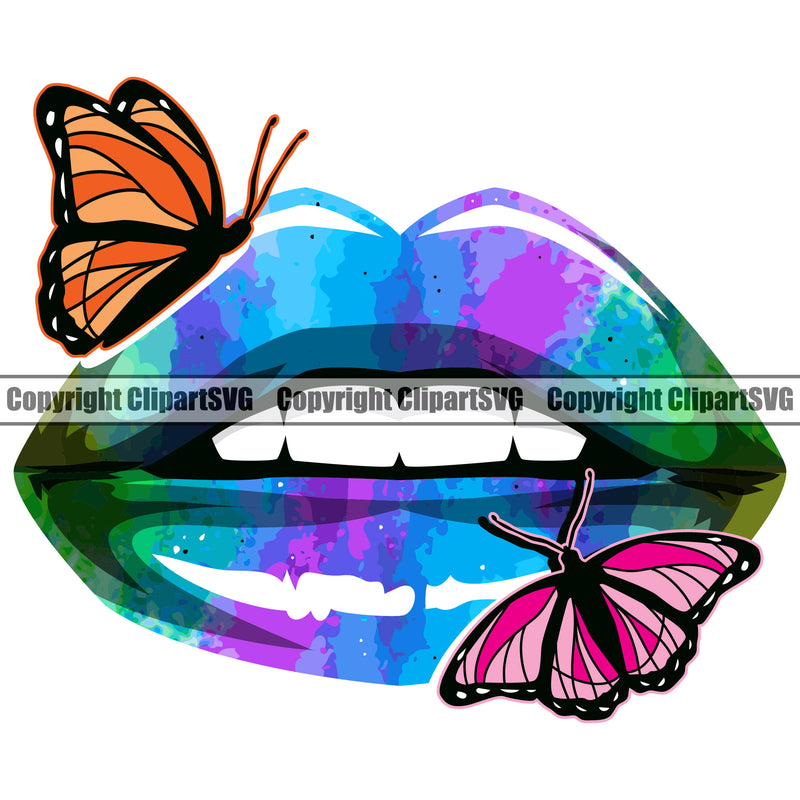 Lips Butterfly Design Element Rainbow Color Face Sexy Mouth Position Woman Female Girl Lady Cartoon Character Mascot Creation Create Art Artwork Creator Business Company Logo Clipart SVG