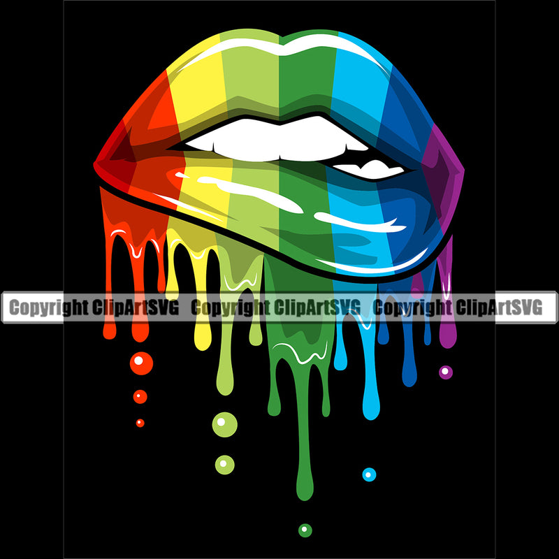 Lips Kiss Bite Lip Rainbow Color Gay Lesbian LGBT Flag Color Dripping Black Background Design Element Face Sexy Mouth Position Head Cartoon Mascot Creation Woman Female Girl Lady Art Artwork Creator Business Company Logo Clipart SVG