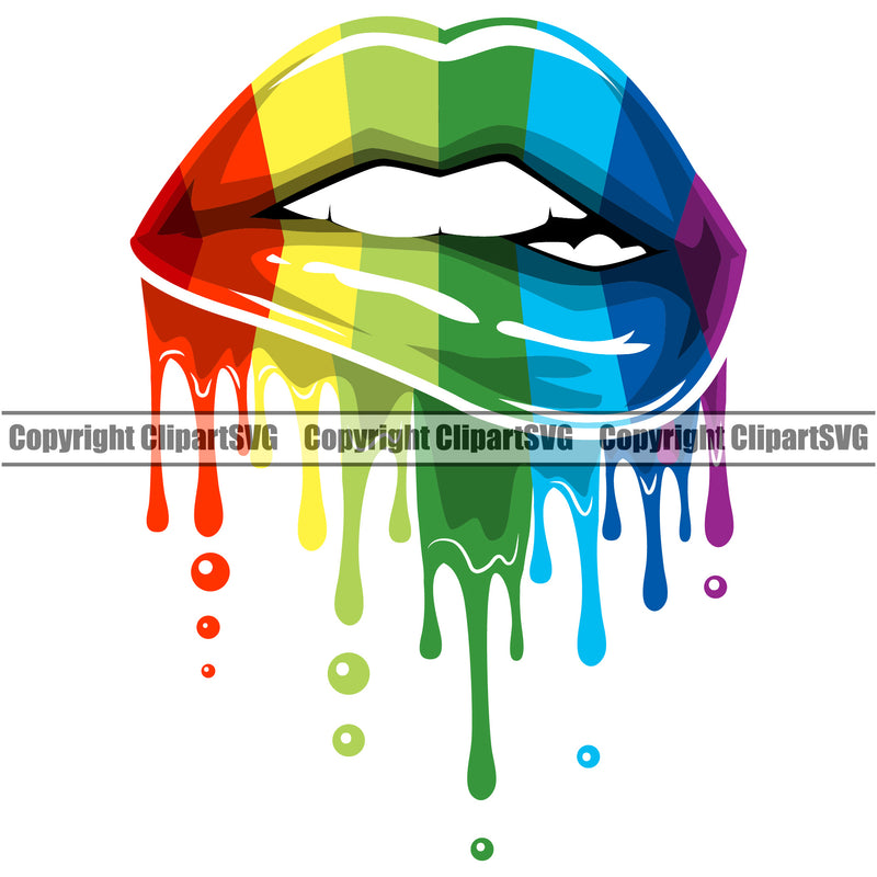 Lips Kiss Bite Lip Rainbow Color Gay Lesbian LGBT Flag Dripping Design Element Face Sexy Mouth Position Woman Female Girl Lady Cartoon Character Mascot Creation Create Art Artwork Creator Business Company Logo Clipart SVG
