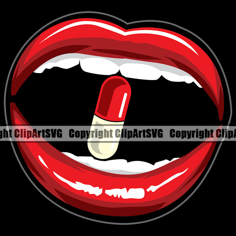 Lips Bite Biting Prescription Drug Capsule Pill Black Color Design Element Face Sexy Mouth Position Woman Female Girl Lady Cartoon Character Mascot Creation Create Art Artwork Creator Business Company Logo Clipart SVG