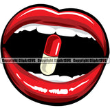 Lips Bite Biting Prescription Drug Capsule Pill White Color Design Element Face Sexy Mouth Woman Female Girl Lad Head Cartoon Character Mascot Creation Create Art Artwork Creator Business Company Logo Clipart SVG