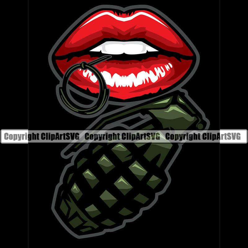 Lips Red Color Military Hand Grenade Design Element Black Face Sexy Mouth Position Head Cartoon Character Mascot Creation Create Art Artwork Creator Business Company Logo Clipart SVG