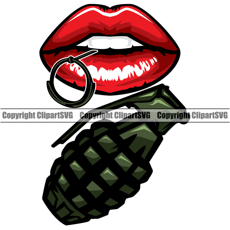 Lips White Color Military Hand Grenade Design Element Face Sexy Woman Female Girl Lady Mouth Position Head Cartoon Character Mascot Creation Create Art Artwork Creator Business Company Logo Clipart SVG