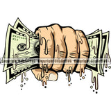 Money In Hand Holding Cash Drip Color Design Element White Caucasian Bundle Brick Spread Bill Currency Bank Finance Rich Wealthy Clipart SVG