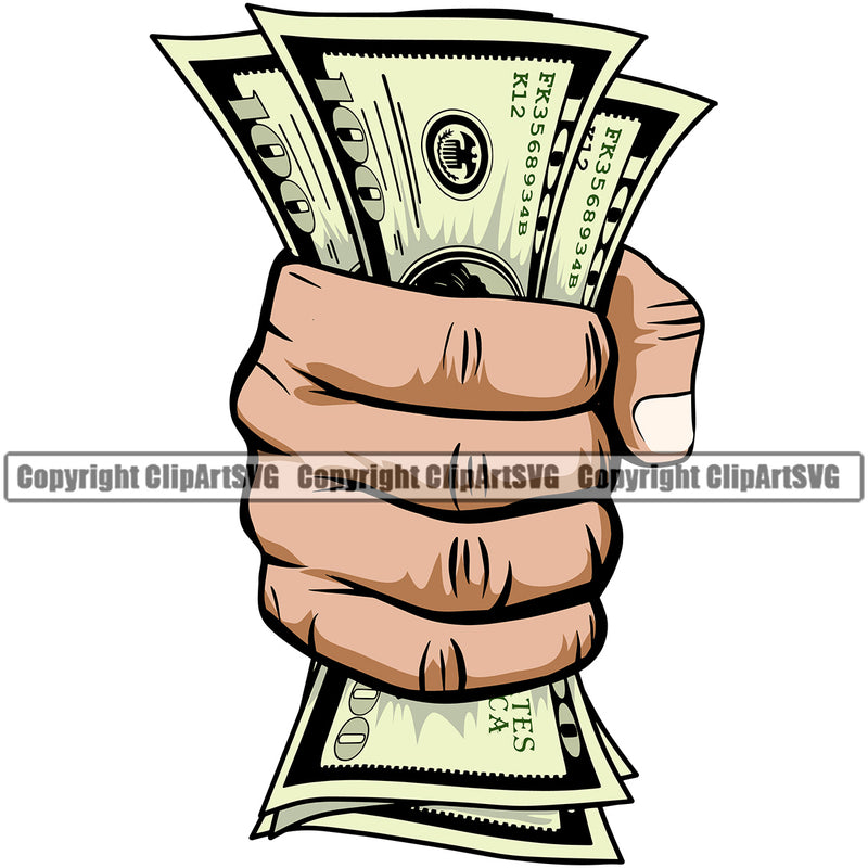 Money In Hand Holding Cash Color Design Money Cash Stack Spread 100 Dollar Bill Bank Finance Rich Wealthy Vector Clipart SVG