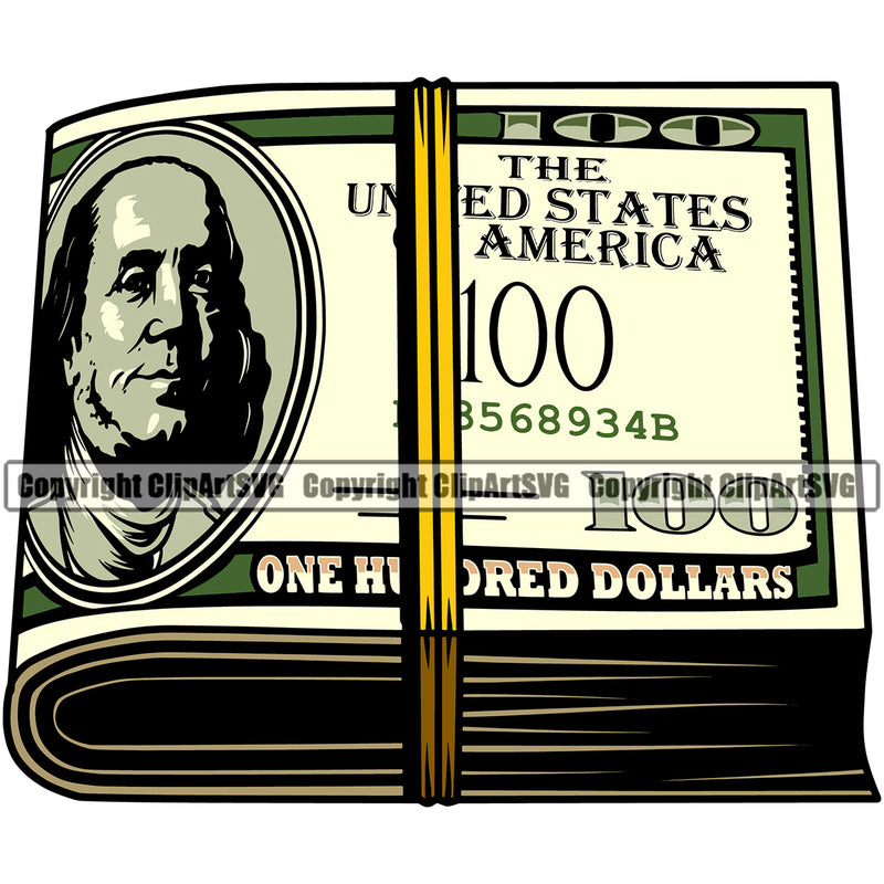 Money Cash Design Stack Knot Roll 100 Dollar Bill Currency Bundle Spread Business Bank Finance Rich Wealthy Wealth Advertising Clipart SVG