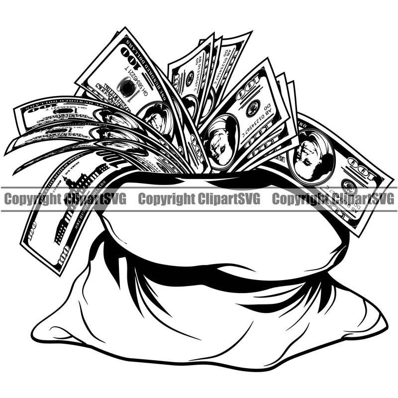 Money Bag Cash White Color Design Sack Stack Knot Bundle Spread 100 Dollar Currency Business Bank Finance Rich Wealthy Wealth Advertising Clipart SVG