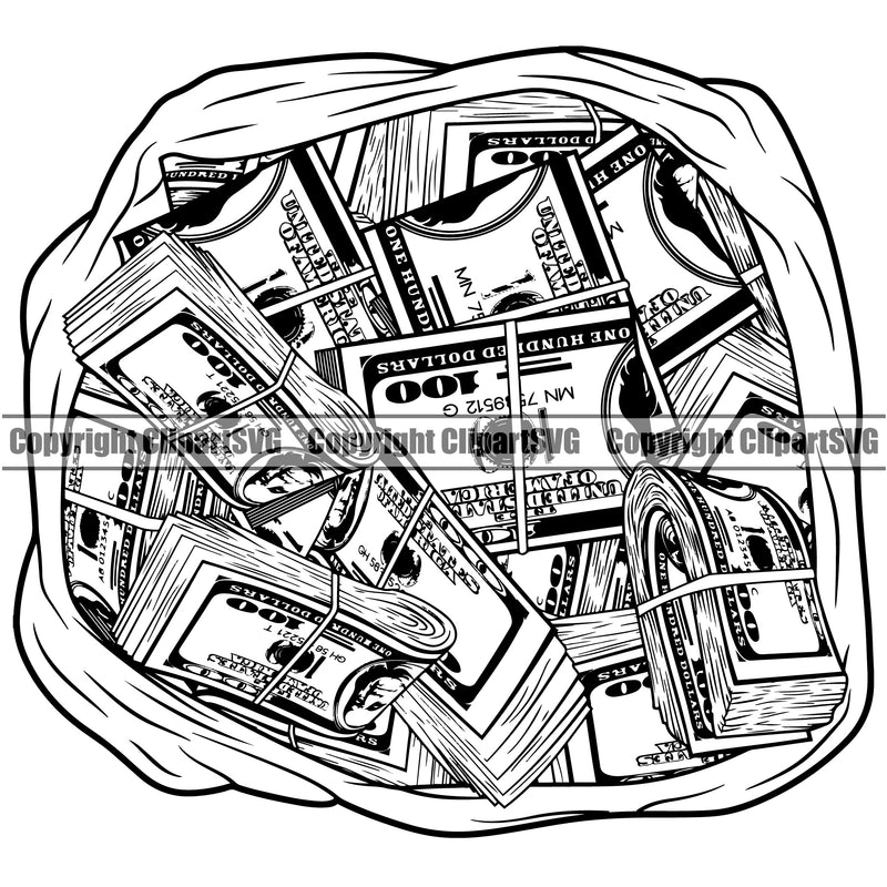 Money Bag White Color Design Element Cash Sack Rubber Band Knot Bundle Brick Spread 100 Dollar Bill Currency Business Bank Finance Rich Wealthy Advertise Marketing Clipart SVG
