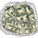 Money Bag Colorful Design Bundle Rubber Band Cash Sack Brick Stack Knot Spread 100 Dollar Bill Currency Business Bank Finance Rich Wealthy Clipart SVG