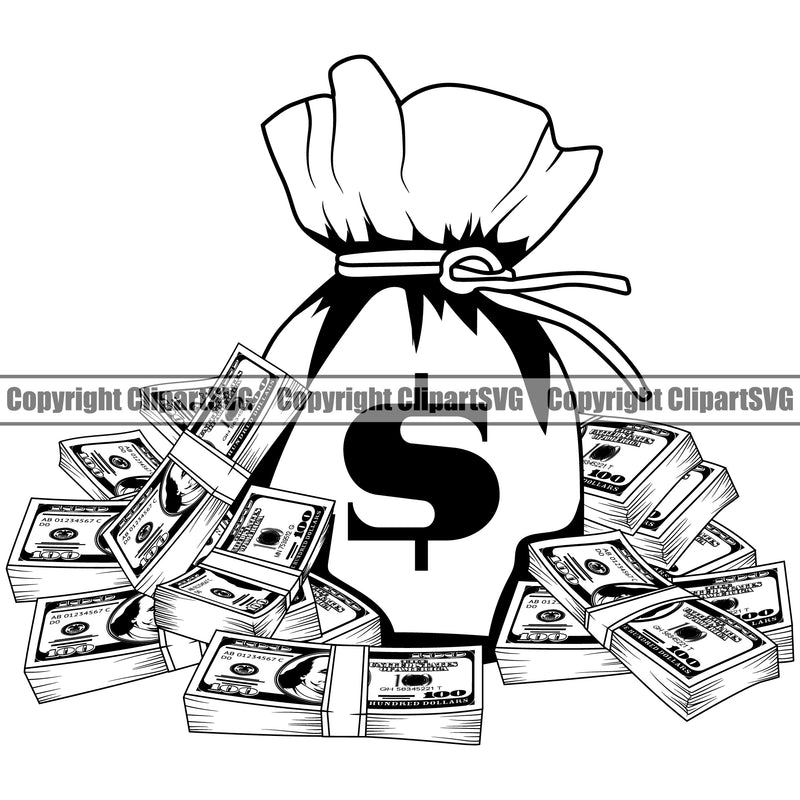 Money Bag Cash Design Element Sack Stack Knot Bundle Brick Spread 100 Dollar Bill Currency Wealth Advertising Advertise Marketing Bank Finance Rich Clipart SVG