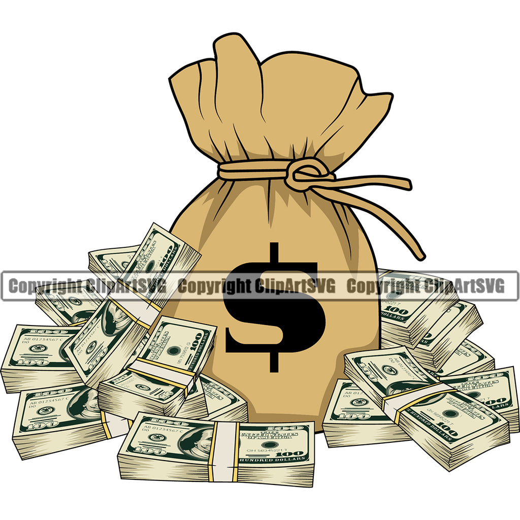Money Bag Cash Colorful Sack Stack Knot Bank Finance Rich Wealthy Roll Bundle Rubber Band Spread 100 Dollar Bill Currency Clipart SVG