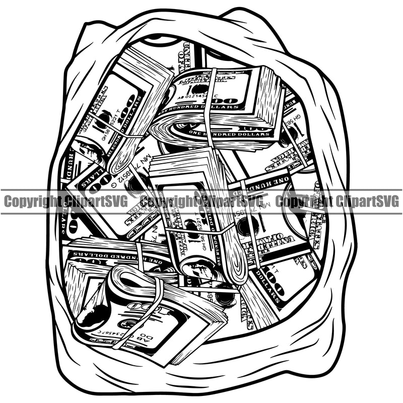 Money Bag White Color Cash Roll Bundle Rubber Band Spread 100 Dollar Bill Currency Sack Rich Wealthy Wealth Advertising Advertise Marketing Stack Knot Clipart SVG