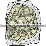 Money Bag Cash Sack Stack Knot Roll Rubber Band Bundle Brick Spread 100 Dollar Bank Finance Rich Wealthy Wealth Bill Currency Clipart SVG