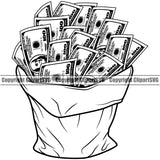 Money Bag Design Element Cash Sack Stack Knot Bundle Spread 100 Dollar Bill Currency Advertising Advertise Marketing Bank Finance Clipart SVG