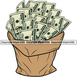 Money Bag Colorful Cash Knot Sack Stack Bundle Spread 100 Dollar Bill Currency Bank Finance Rich Wealthy Clipart SVG